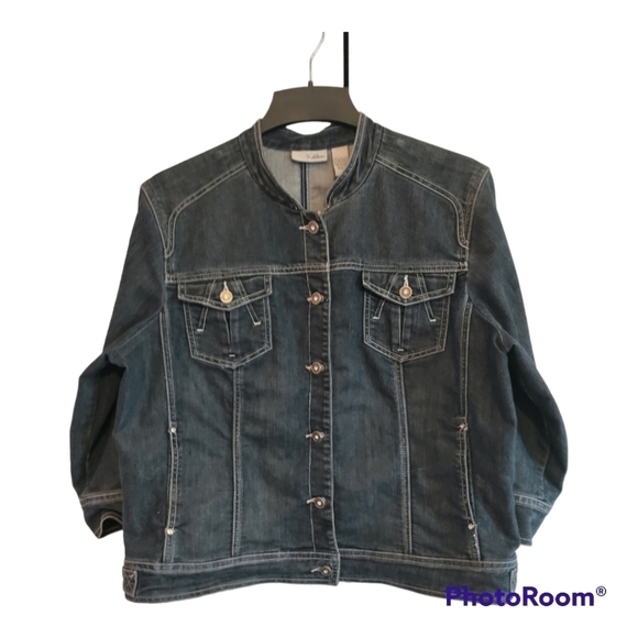 Chico's Platinum denim jean jacket mandarin collar button front  pockets  size 3 - Picture 3 of 7